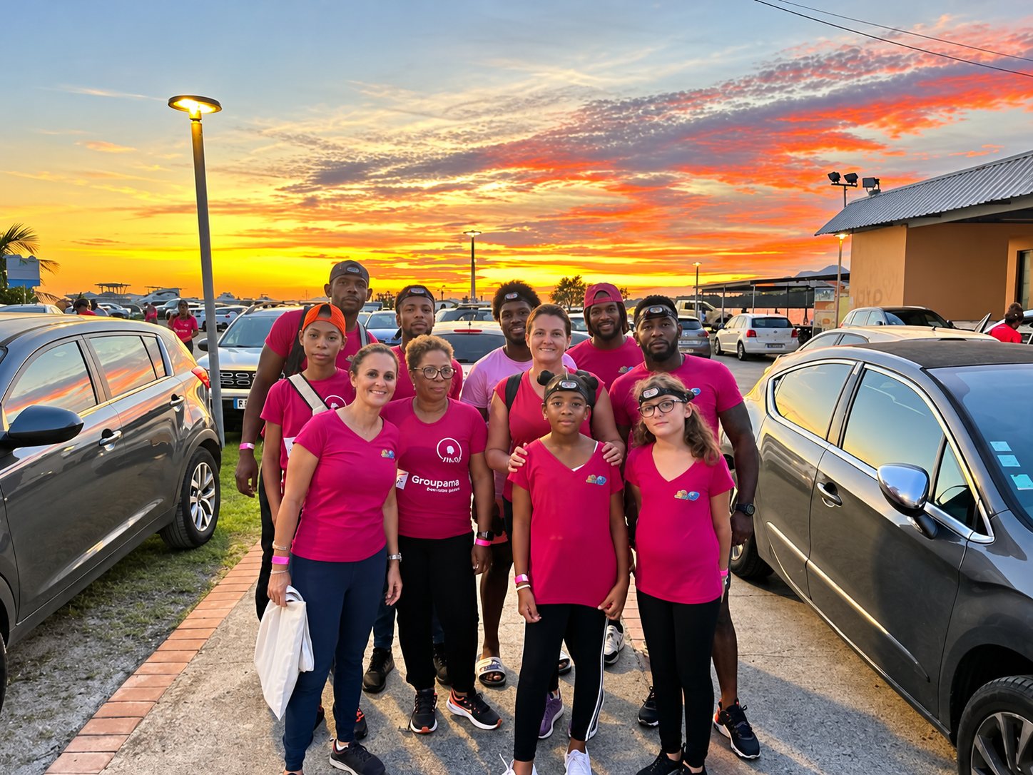 Un groupe d'adultes et d'enfants en t-shirts roses pose ensemble sur un parking, sous un ciel orange de coucher de soleil.